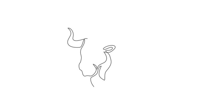Animation of one line drawing of elegance buffalo for conservation national park logo identity. Big strong bull mascot concept for rodeo show. Continuous line self draw animated. Full length motion.