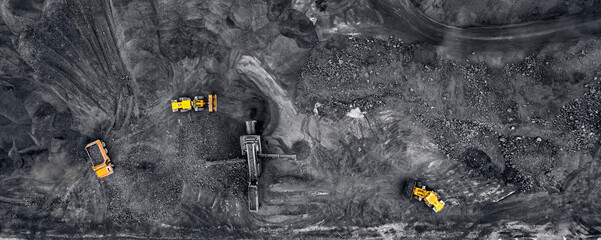 Panorama open pit mine, extractive industry for coal, aerial drone top view