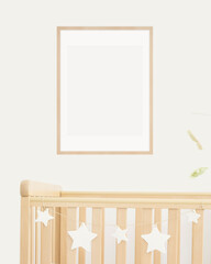 Mock up poster frame in children room, nursery room with wooden crib for kids with white ceramic stars, close-up, white wall, scandinavian style - 455456148