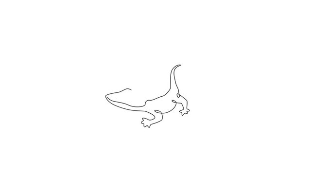 Animated self drawing of single continuous line draw adorable rock lizard for pet lover association logo identity. Beautiful animal mascot concept for reptilian zoo. Full length one line animation.