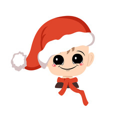 Avatar of a child with big eyes and a wide happy smile in a red Santa hat. Cute kid with a joyful face in a festive costume for new year and Christmas. Head of adorable baby with joyful emotions