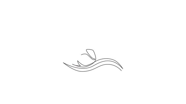 Animated self drawing of one continuous line draw friendly cute dolphin for fish tank aquarium logo identity. Happy mammal animal concept for company mascot. Full length single line animation.