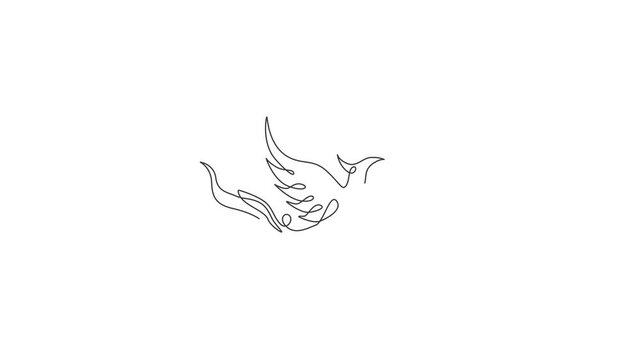Animated self drawing of single continuous line draw flame phoenix bird for corporate logo identity. Company icon concept from fauna shape. Full length one line animation illustration.