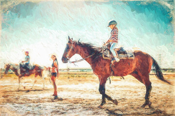 girl trains horse on a beautiful summer day. Painting effect.