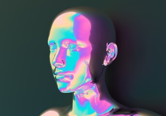 Surrealistic 3d illustration of a human face made of holographic material. Concept of cyborg and artificial intelligence.
