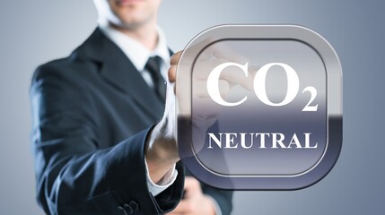 CO2 neutral commitment in business, finance and industry, person touching a button.