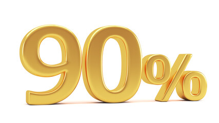 Gold percent isolated on white background. 90% off on sale. 3d render illustration for business ideas.