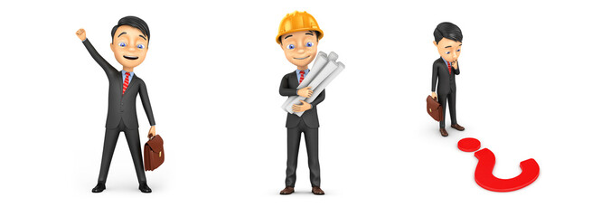 Man on a white background has reached its goal. Small person with a question mark on a white background. Cheerful engineer in a helmet on a white background. 3d render illustration.