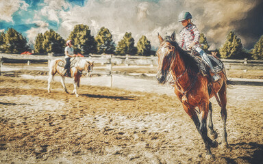 girl trains horse on a beautiful summer day. Painting effect. © jozefklopacka