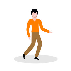 Fototapeta na wymiar happy man in an orange jumper, walking, isolated on a white background, flat design style