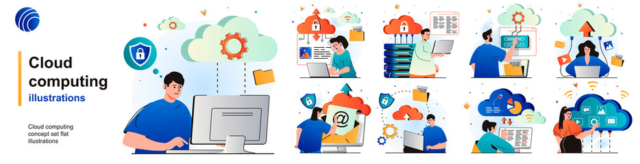 Cloud computing isolated set. Secure connection, storage and cloud technology. People collection of scenes in flat design. Vector illustration for blogging, website, mobile app, promotional materials. - obrazy, fototapety, plakaty