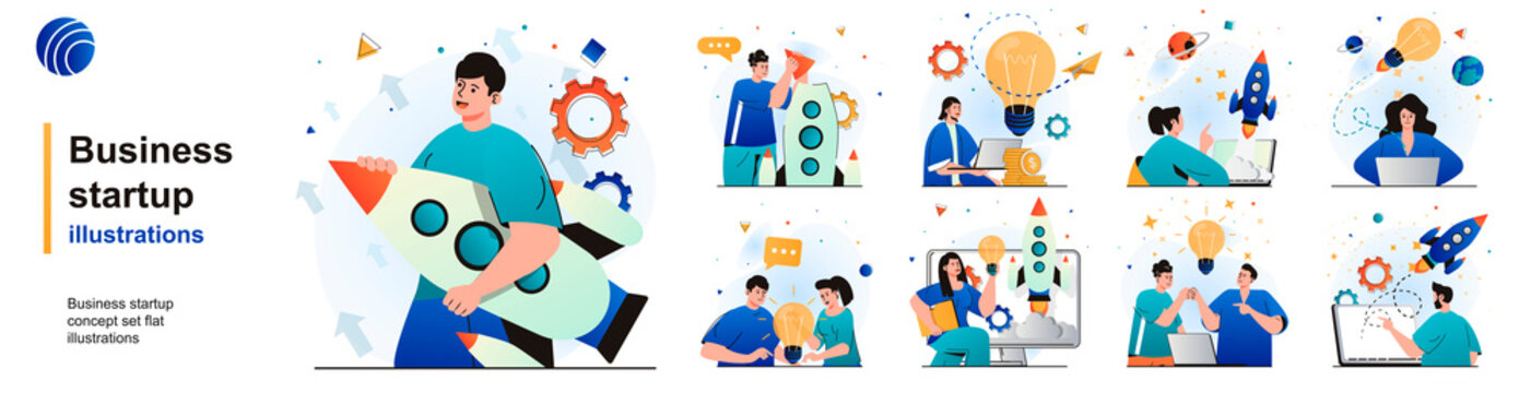 Business startup isolated set. Successful development of new business idea. People collection of scenes in flat design. Vector illustration for blogging, website, mobile app, promotional materials.