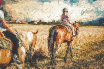 girl trains horse on a beautiful summer day. Painting effect. © jozefklopacka