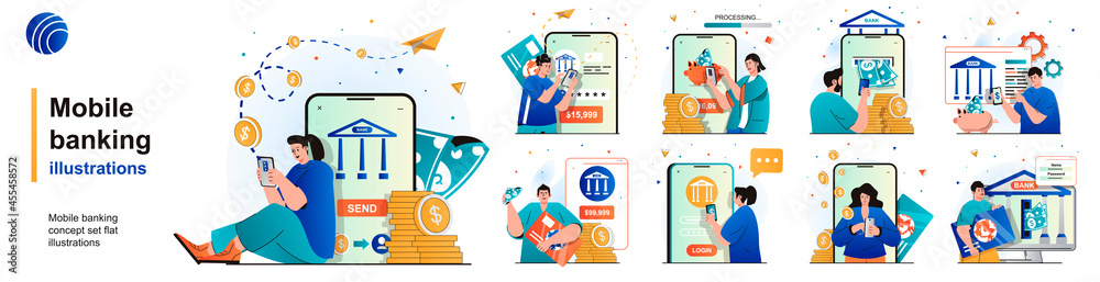 Aufkleber mobile banking isolated set. payments for services using mobile application. people collection of sc