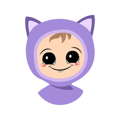 Avatar of a child with big eyes and a wide smile in a cat hat. A cute kid with a joyful face in an autumnal or winter headdress. Head of adorable baby with happy emotions