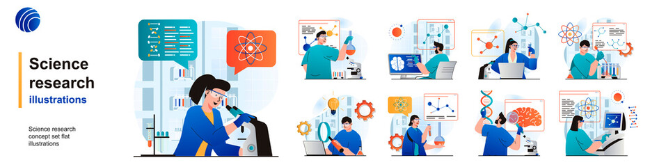 Science research isolated set. Scientists make tests on laboratory equipment. People collection of scenes in flat design. Vector illustration for blogging, website, mobile app, promotional materials. - obrazy, fototapety, plakaty