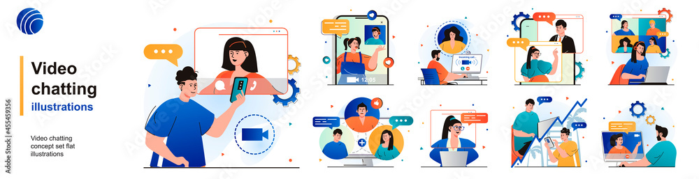 Aufkleber video chatting isolated set. online communication using video calling app. people collection of scen