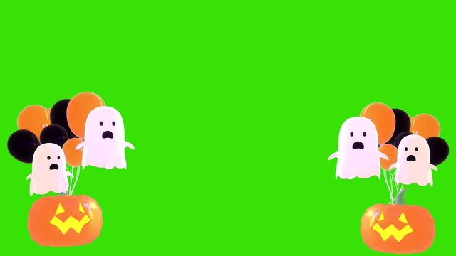 Looped cartoon cute halloween ghosts and balloons on green screen background animation.