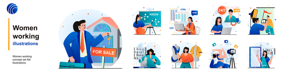 Women working isolated set. Realtor, teacher, programmer, operator and others. People collection of scenes in flat design. Vector illustration for blogging, website, mobile app, promotional materials.