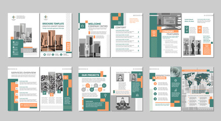 Fototapeta na wymiar Brochure creative design. Multipurpose template, include cover, back and inside pages. Trendy minimalist flat geometric design. Vertical a4 format.