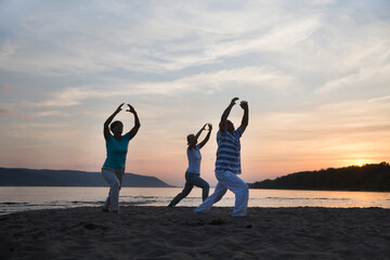Fototapeta premium group of people practice Tai Chi Chuan at sunset on the beach. Chinese management skill Qi's energy.