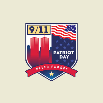 9-11 Patriot Day. We Will Never Forget. September 11, 2001 against the background of the shield and the Twin Towers in the skyline of New York. Victims of the Terrorist Attacks on 09.11.2001.