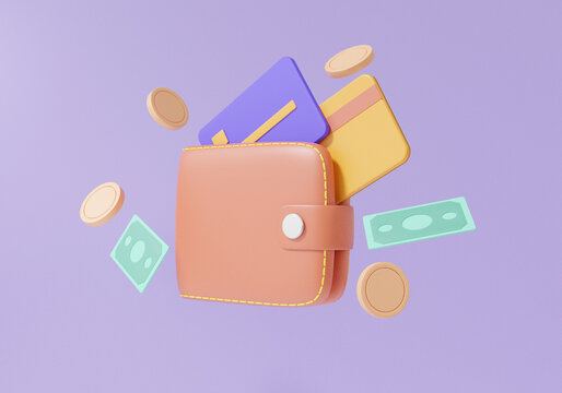 Minimal money wallet floating. cashback concept. banknote coins, debit ,credit card Finance saving online Payment investment on isolated purple background, 3d render illustration