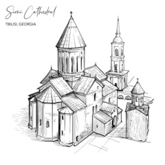 Sioni Cathedral in Tbilisi, Georgia. Black line drawing isolated on white background.