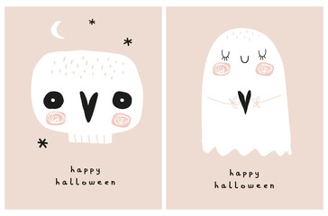 Obraz premium Funny Hand Drawn Halloween Vector Illustration. White Skull and Sweet Ghost on a Beige Background. Handwritten Happy Halloween. Starry Night. Infantile Style Halloween Print ideal for Card, Wall Art.