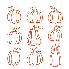 Set of outline pumpkins in various shapes.