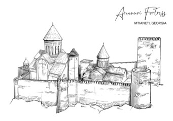 Ananuri fortress in Mtskheta-Mtianeti region in Georgia. Black line drawing isolated on white background.