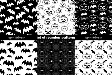 Set of halloween different seamless patterns in black and white colors.