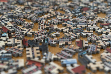 Close up of 3D jigsaw puzzle pieces on a table