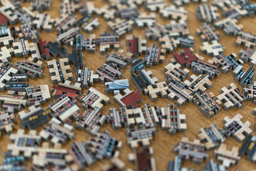 Close up of 3D jigsaw puzzle pieces on a table