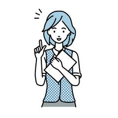 立って書類を手に持って何かひらめいた事務員制服の女性