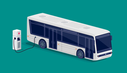 Isometric white electric city bus charging parking at the charger station with a plug in cable. Flat vector illustration of public transportation car. Electrified transport future mobility e-motion. © petovarga