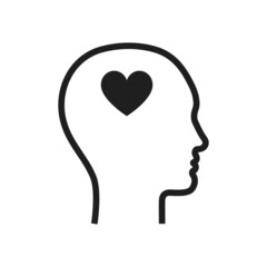 Silhouette human profile with heart in head. Mental health or love feeling concept. Isolated icon.
