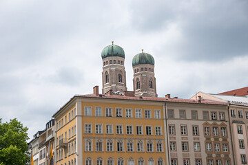 Fototapeta na wymiar view to famous towers of Frauenkirche, from Marienhof courtyard, Munich old town