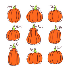 Set of doodle pumpkins in various shapes. Elements for autumn decorative design, halloween invitation, harvest, Thanksgiving greeting cards.