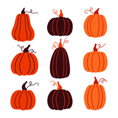 Set of doodle pumpkins in various shapes. Elements for autumn decorative design, halloween invitation, harvest, Thanksgiving greeting cards.