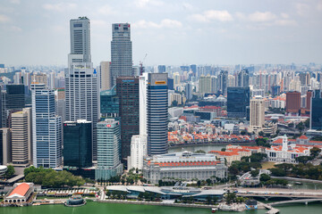 SINGAPORE, SINGAPORE - MARCH 2019: aerial view over Singapore downtown with skyscrapers