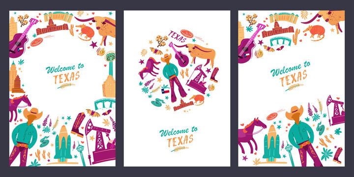 Three Texas posters with icons. Lettering for prints on cards T-shirts. Traditional symbols, full color vector illustration.