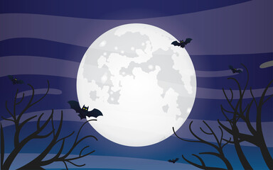 Scary and Eerie Night on Bright Full Moon background, Halloween Night Vector illustration.