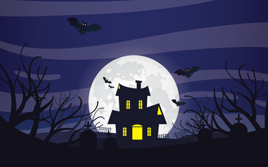 Scary and Eerie Night on Bright Full Moon background, Halloween Night Vector illustration.