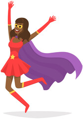 Obraz na płótnie Canvas Superwoman smiling, waving hand and has superpowers. Cartoon character in superhero costume with cloak, mask and emblem stands on white background. Strong person protects people from villains