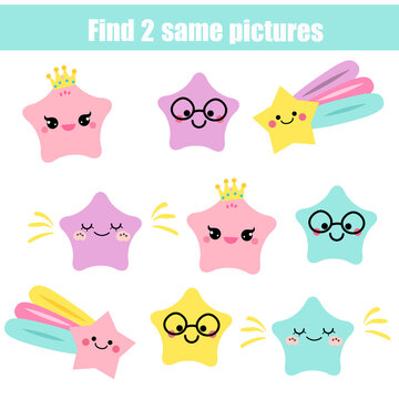Children educational game. Find two same pictures of cute stars