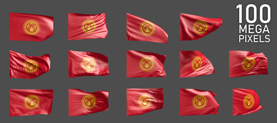 Kyrgyzstan flag isolated - various realistic renders of the waving flag on grey background - object 3D illustration