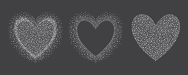 Heart shapes, snow frames made of hand drawn uneven tiny dots, dot snowflakes, beads of various size, pearls. Winter, New Year, Valentine's day black and white abstract dotted backgrounds, templates.