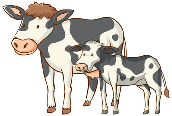 Mother and baby cow animal cartoon on white background
