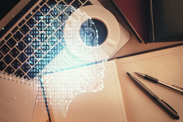 Obraz premium Double exposure of brain drawing hologram over topview work table background with computer. Concept of big data.